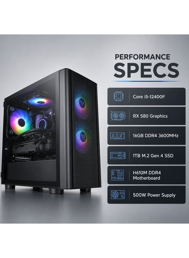 جهاز كمبيوتر مكتبي للألعاب بمعالج Intel Core i5-12400F، بطاقة RX 580، ذاكرة 16GB DDR4 3600MHz، تخزين 1TB M.2 Gen 4 SSD، لوحة H610M DDR4، مزود طاقة 500W، كيسة Gaming Tower مع لوحة مفاتيح وفأرة - Image 2