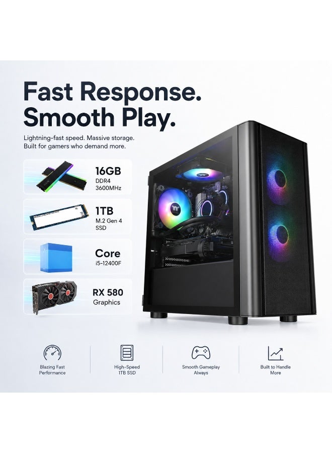 جهاز كمبيوتر مكتبي للألعاب بمعالج Intel Core i5-12400F، بطاقة RX 580، ذاكرة 16GB DDR4 3600MHz، تخزين 1TB M.2 Gen 4 SSD، لوحة H610M DDR4، مزود طاقة 500W، كيسة Gaming Tower مع لوحة مفاتيح وفأرة - Image 5