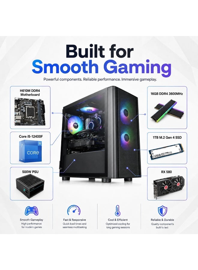 جهاز كمبيوتر مكتبي للألعاب بمعالج Intel Core i5-12400F، بطاقة RX 580، ذاكرة 16GB DDR4 3600MHz، تخزين 1TB M.2 Gen 4 SSD، لوحة H610M DDR4، مزود طاقة 500W، كيسة Gaming Tower مع لوحة مفاتيح وفأرة - Image 4