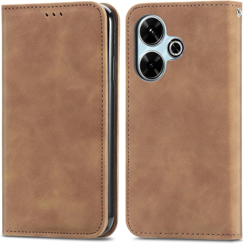 Cracedily Case for Xiaomi Redmi 13 4G Case, Premium Leather Flip Wallet Case with Card Slots and Horizontal Stand Function Magnet Coque Cover Protective Case for Poco M6 4G, Brown - Image 5