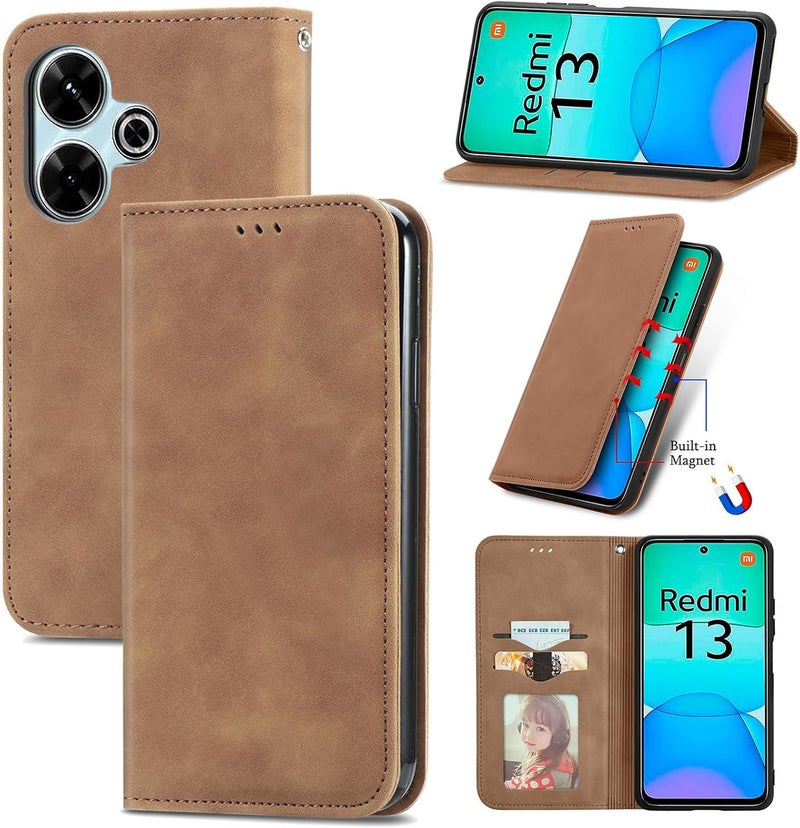 Cracedily Case for Xiaomi Redmi 13 4G Case, Premium Leather Flip Wallet Case with Card Slots and Horizontal Stand Function Magnet Coque Cover Protective Case for Poco M6 4G, Brown - Image 1