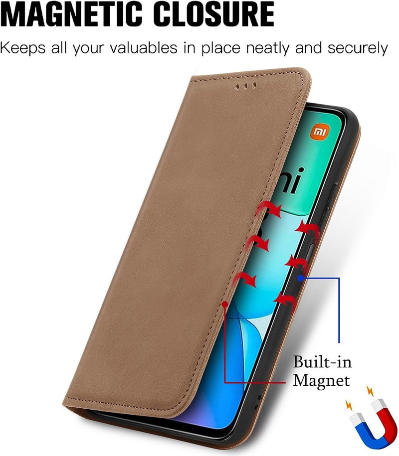 Cracedily Case for Xiaomi Redmi 13 4G Case, Premium Leather Flip Wallet Case with Card Slots and Horizontal Stand Function Magnet Coque Cover Protective Case for Poco M6 4G, Brown - Image 2