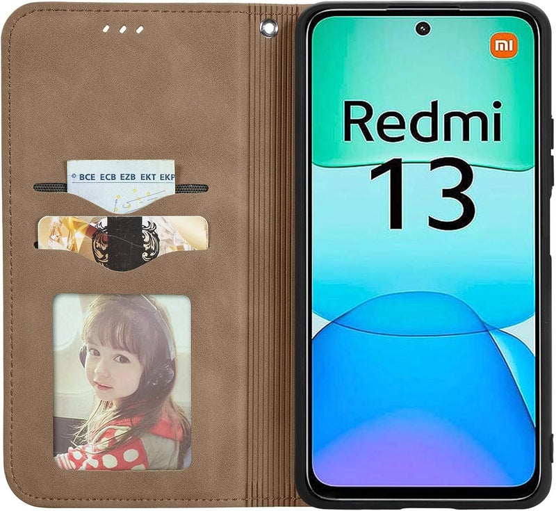 Cracedily Case for Xiaomi Redmi 13 4G Case, Premium Leather Flip Wallet Case with Card Slots and Horizontal Stand Function Magnet Coque Cover Protective Case for Poco M6 4G, Brown - Image 3