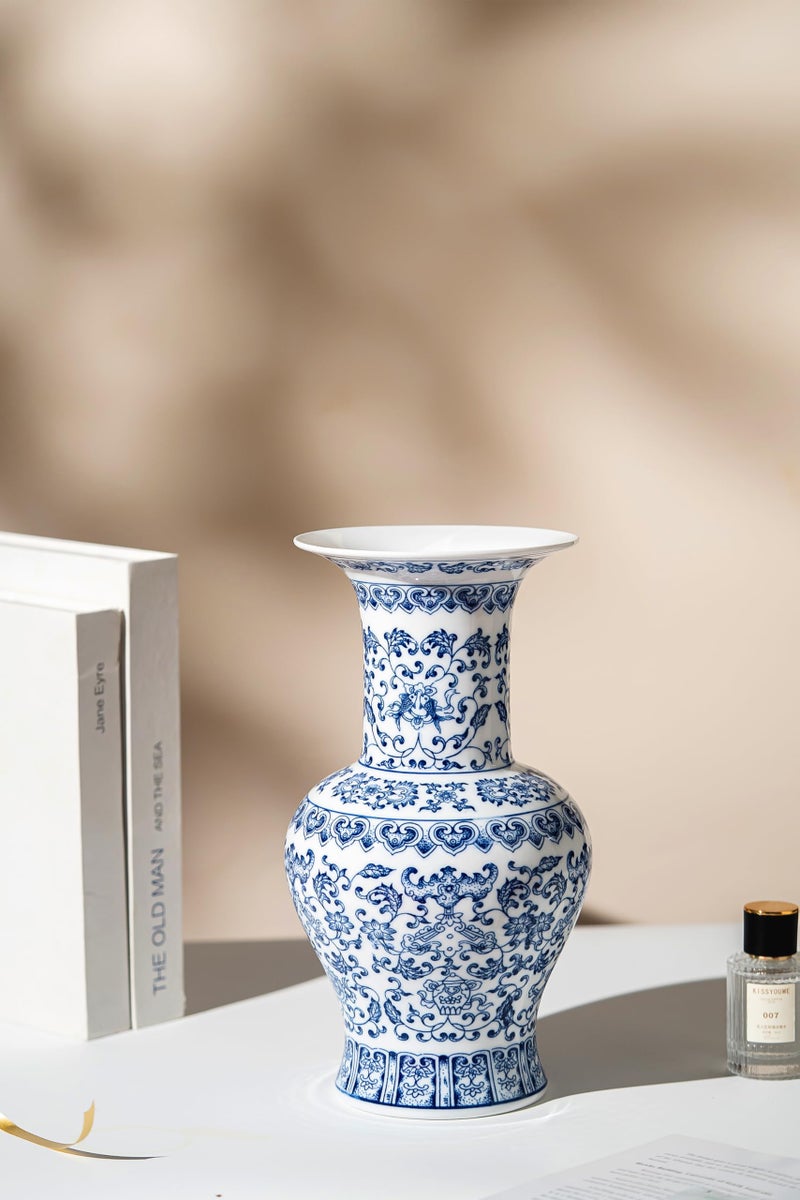 GaLouRo Vintage Blue and White Porcelain Vase, Chinoiserie Ginger Jar Vase for Home Decor, Flower Vase for Tabletop, 12" H - Image 4