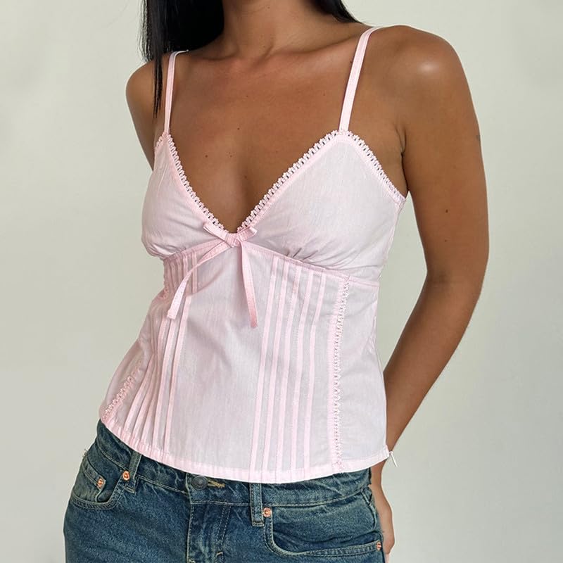 Argeousgor Women Y2k Babydoll Tank Tops Lace Trim V Neck Crop Cami Spaghetti Strap Peplum Top Summer Cute Aesthetic Flowy Shirts (Lace Pink, S) - Image 2