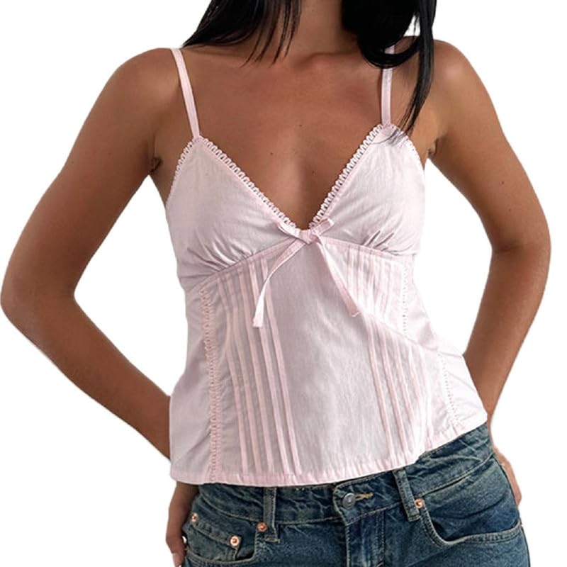 Argeousgor Women Y2k Babydoll Tank Tops Lace Trim V Neck Crop Cami Spaghetti Strap Peplum Top Summer Cute Aesthetic Flowy Shirts (Lace Pink, S) - Image 1