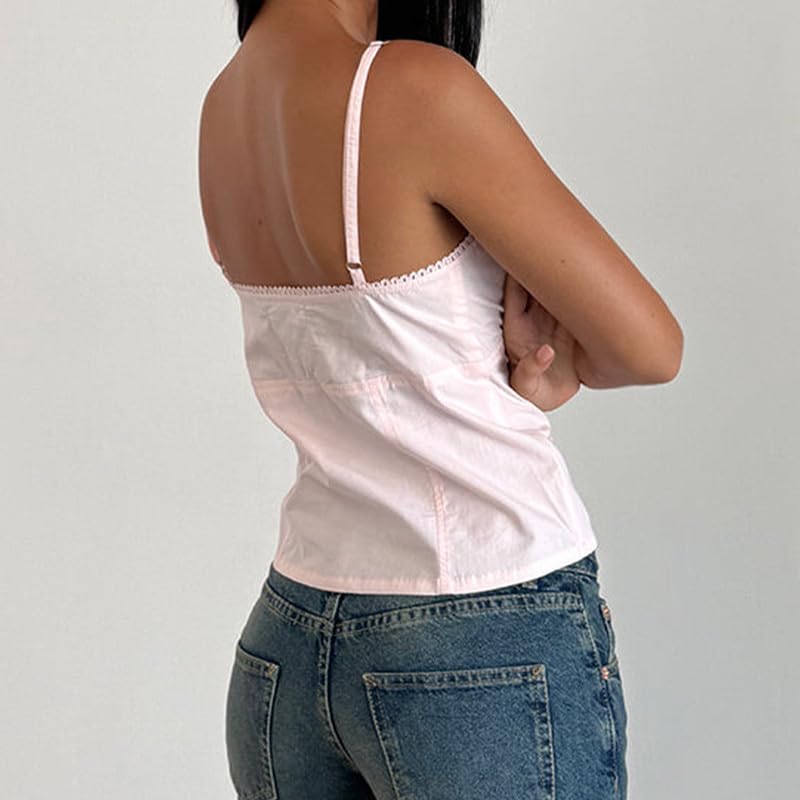 Argeousgor Women Y2k Babydoll Tank Tops Lace Trim V Neck Crop Cami Spaghetti Strap Peplum Top Summer Cute Aesthetic Flowy Shirts (Lace Pink, S) - Image 3