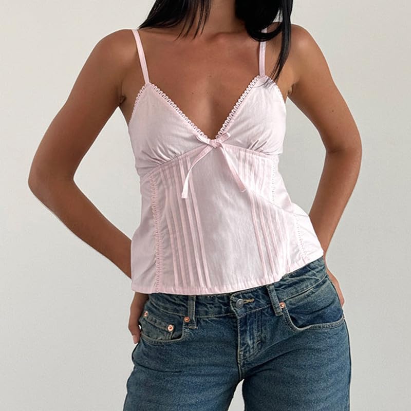 Argeousgor Women Y2k Babydoll Tank Tops Lace Trim V Neck Crop Cami Spaghetti Strap Peplum Top Summer Cute Aesthetic Flowy Shirts (Lace Pink, S) - Image 4