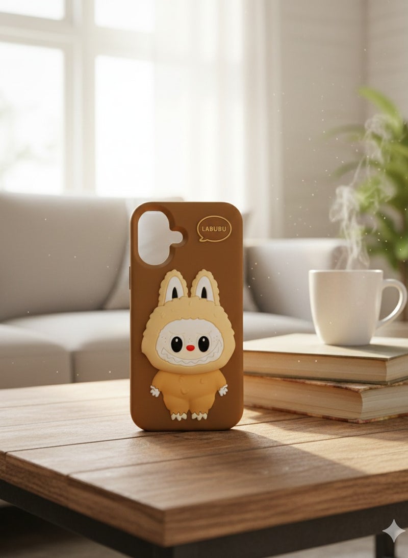 LABUBU 3D Labubu Character Phone Case for iPhone 16 – Cute Brown Monster Protective Cover with Built-in Pop-out Socket Grip For - Image 1