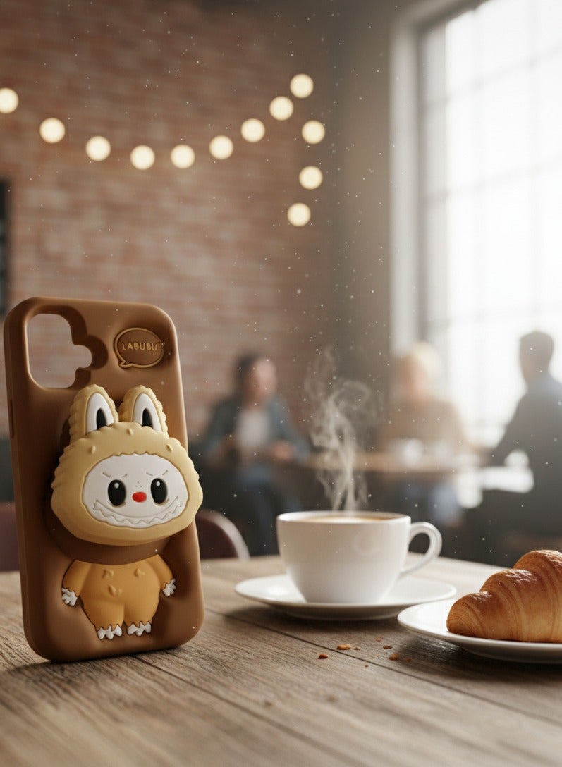LABUBU 3D Labubu Character Phone Case for iPhone 16 – Cute Brown Monster Protective Cover with Built-in Pop-out Socket Grip For - Image 2