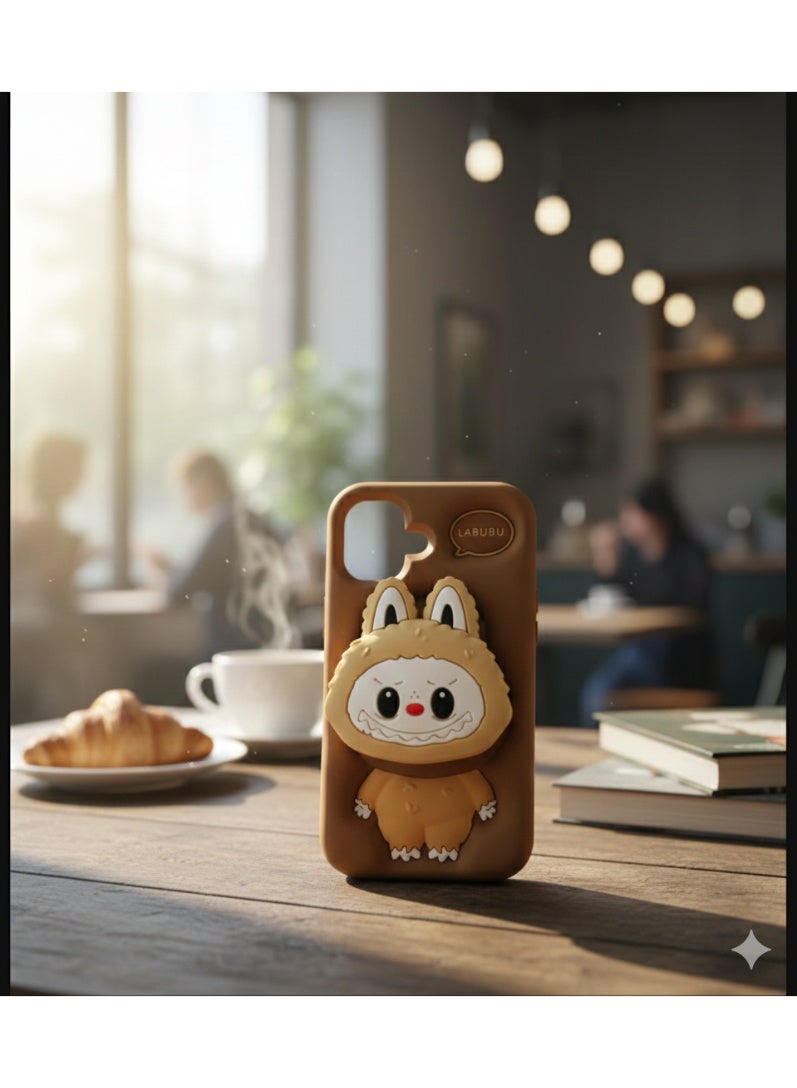 LABUBU 3D Labubu Character Phone Case for iPhone 16 – Cute Brown Monster Protective Cover with Built-in Pop-out Socket Grip For - Image 3