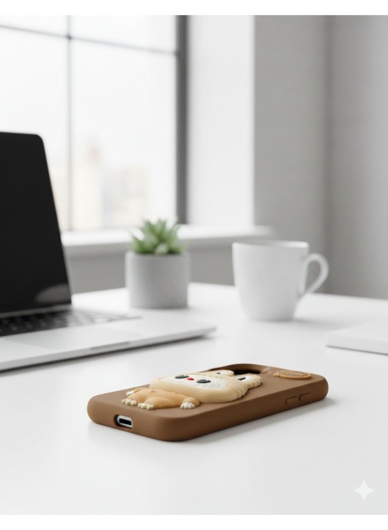 LABUBU 3D Labubu Character Phone Case for iPhone 16 – Cute Brown Monster Protective Cover with Built-in Pop-out Socket Grip For - Image 4