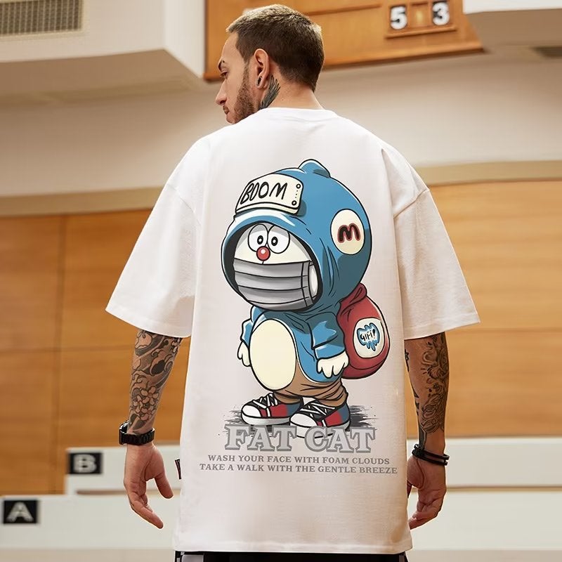 Japanese Style Trendy Brand Loose T-Shirt For Fatty Men'S Wear Loose Plus Fat Plus Size Short-Sleeved Trendy Cartoon Sports Half-Sleeved Top - Image 1
