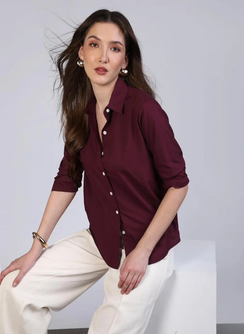 Urbano Fashion  Urbano Fashion Women's Maroon Modal Viscose Full Sleeve Regular Fit Casual Solid Shirt with Regular Collar for Women | Best Price UAE