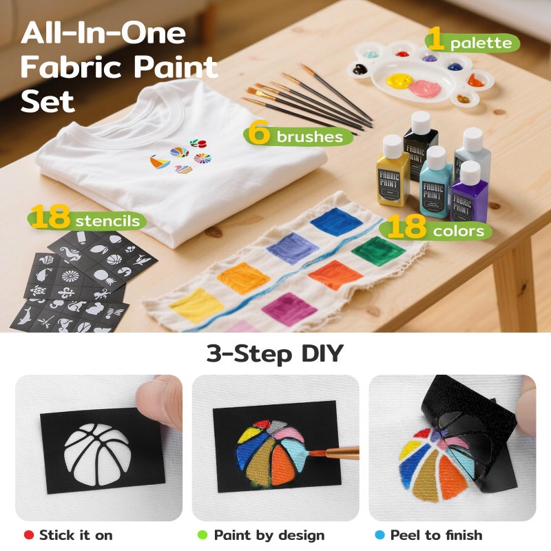 TMOL Fabric Paint Set - Permanent & Washer Safe, 18 Vibrant Colors, in Bottles (60ml/2oz), Non-Toxic Certified Fabric Paint with Brushes & Stencils, Textile Paint for Clothes, DIY Projects & Art - Image 4