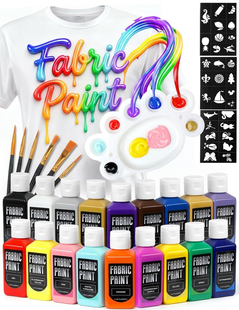 TMOL Fabric Paint Set - Permanent & Washer Safe, 18 Vibrant Colors, in Bottles (60ml/2oz), Non-Toxic Certified Fabric Paint with Brushes & Stencils, Textile Paint for Clothes, DIY Projects & Art - Image 1