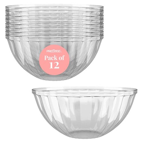 Prestee Clear Plastic Serving Bowls, 48 Oz. 12 Pack - Round Disposable Bowls, Punch, Party, Chip Bowl Containers - for Candy, Salads, Parties, & Serving Food - Large Salad Bowl Dish for Eating - Image 1