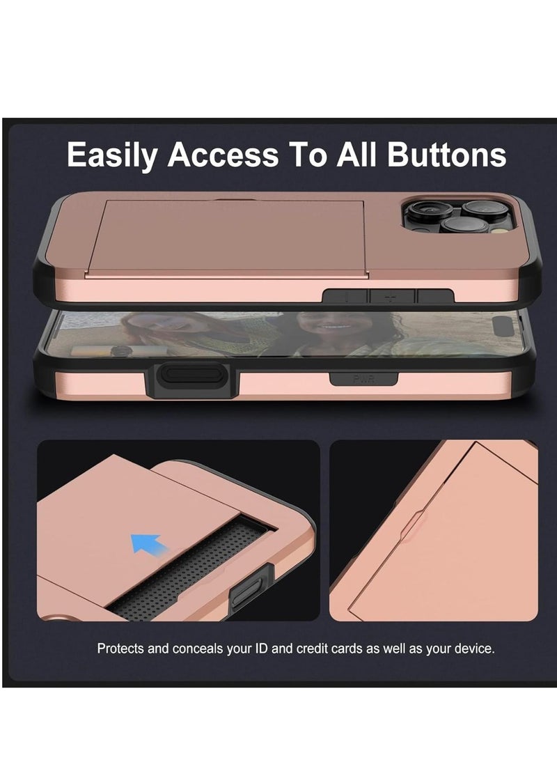 GULFLINK iPhone 15 Pro Case with Card Holder Heavy Duty Protective Dual Layer Shockproof Hidden Card Slot Wallet Case Gold  - Image 2