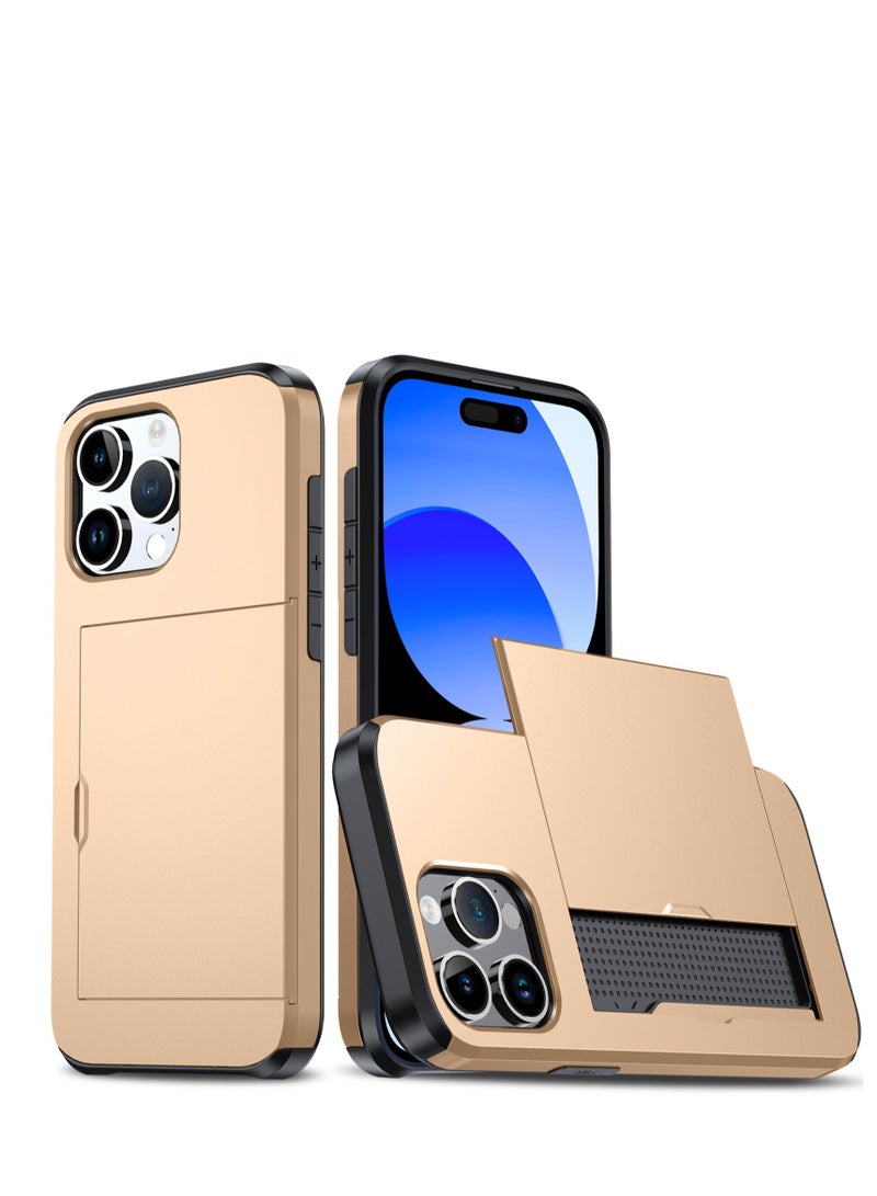GULFLINK iPhone 15 Pro Case with Card Holder Heavy Duty Protective Dual Layer Shockproof Hidden Card Slot Wallet Case Gold  - Image 1