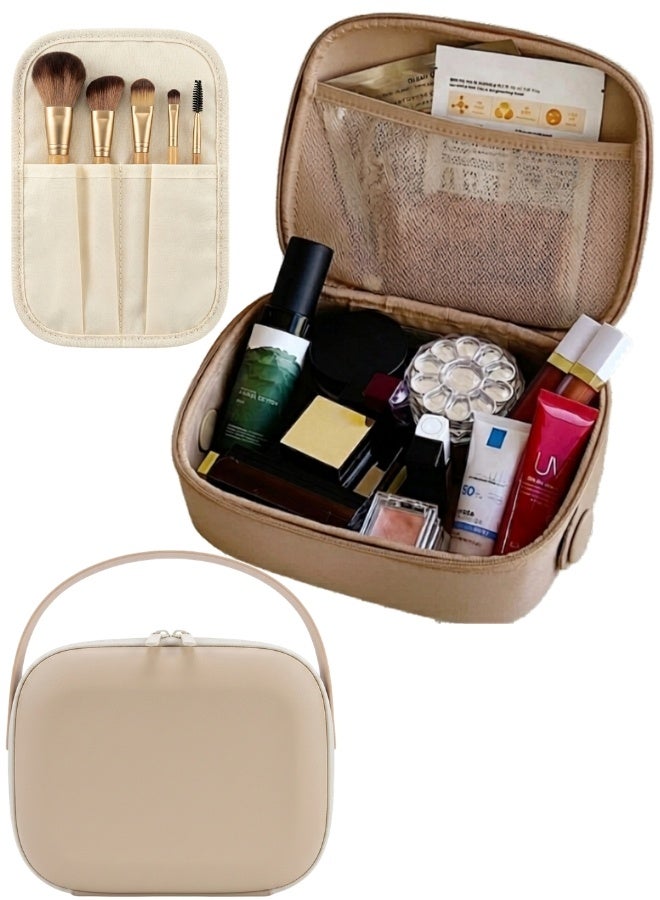 شنطة مكياج للسفر مقاومة للماء من EVA – منظم مستحضرات تجميل بسعة كبيرة بتصميم مزدوج الطبقات مع فتح 180 درجة، فواصل قابلة للإزالة ومكان مخصص للفرش، مقبض محمول قابل للدوران، سهلة التنظيف لتخزين المكياج والعناية بالبشرة والإكسسوارات - Image 1