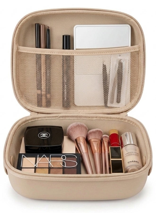 شنطة مكياج للسفر مقاومة للماء من EVA – منظم مستحضرات تجميل بسعة كبيرة بتصميم مزدوج الطبقات مع فتح 180 درجة، فواصل قابلة للإزالة ومكان مخصص للفرش، مقبض محمول قابل للدوران، سهلة التنظيف لتخزين المكياج والعناية بالبشرة والإكسسوارات - Image 3