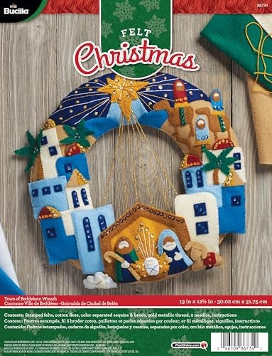Bucilla Felt Applique Wreath Town of Bethlehem, Size 13 x 12.5-Inch, Blue, Brown, Gray - Image 1