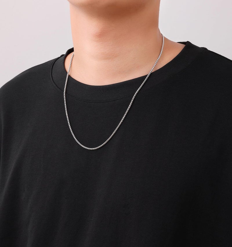 Fiusem Silver Tone Chain for Men, 2.5mm Mens Chain Necklaces, Stainless Steel Box Chain Necklace for Men and Women, Mens Necklace 24 Inch - Image 4