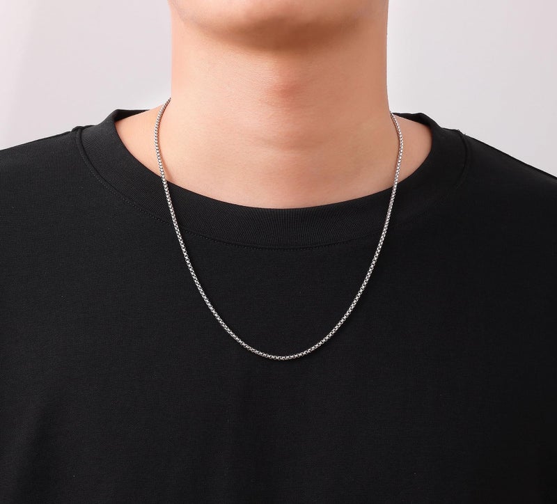 Fiusem Silver Tone Chain for Men, 2.5mm Mens Chain Necklaces, Stainless Steel Box Chain Necklace for Men and Women, Mens Necklace 24 Inch - Image 3