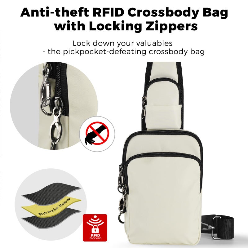 VADOO Sling Bag, Crossbody Bag with Zipper Lock, RFID Blocking & Water Resistant for Men and Women(Beige) - Image 3