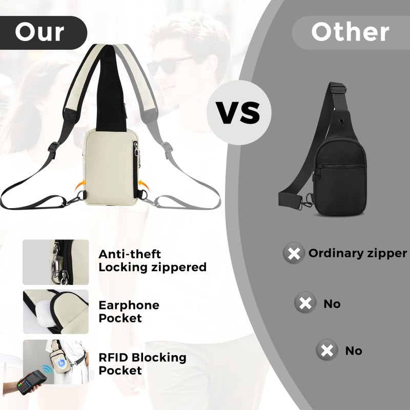 VADOO Sling Bag, Crossbody Bag with Zipper Lock, RFID Blocking & Water Resistant for Men and Women(Beige) - Image 5