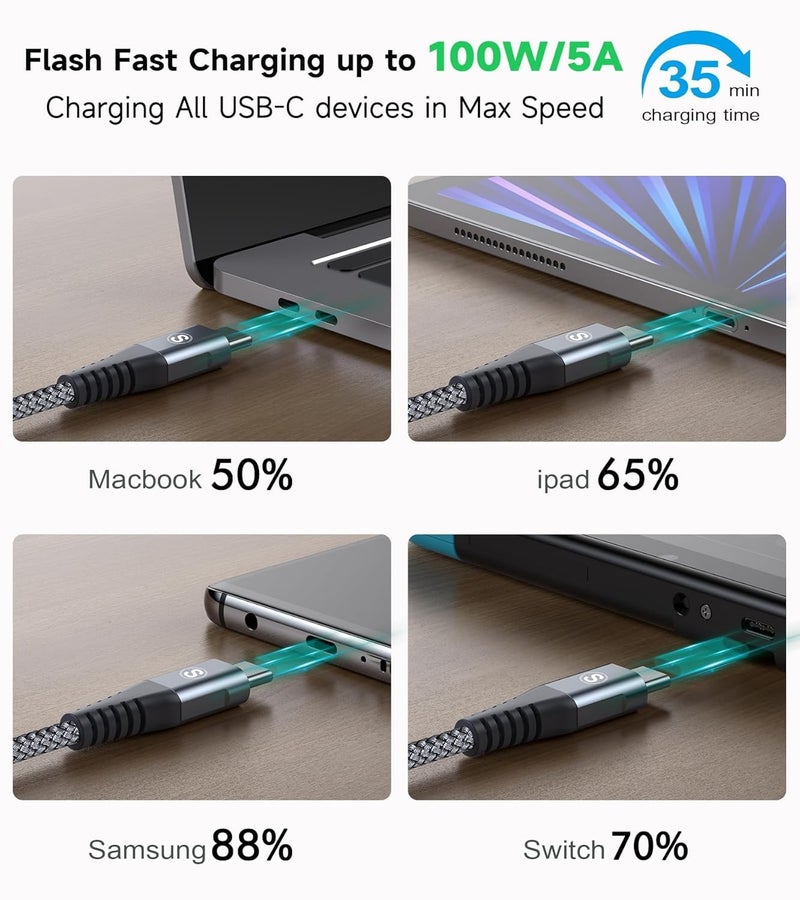 sweguard USB C Cable [2-Pack,3M ],100W Power Delivery PD Braided Super Fast Charge Cable USB Type C for iPhone 15 16 17 Pro Max Plus,MacBook,iPad Pro,Galaxy S25 S24 S23 S22 S21, Huawei - Image 4