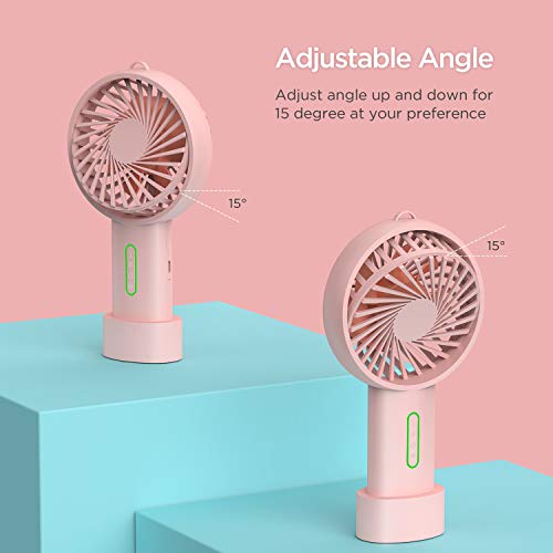 IPOW Mini Handheld Fan Personal Portable Fan 3 Speed Adjustable Angle Removable Base Lanyard USB Recharging Battery Operated Small Desk Cooling Face Fan for Home Camping Disney Travel Peach Pink - Image 2