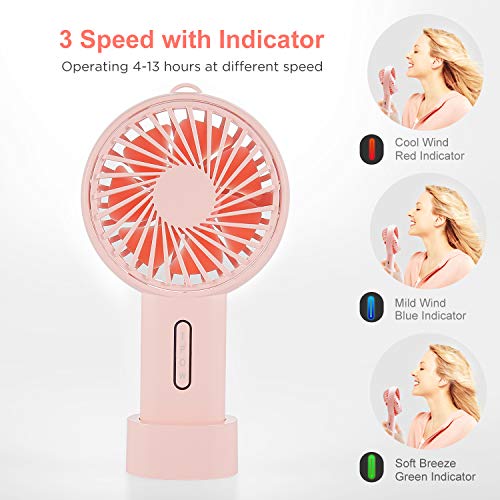 IPOW Mini Handheld Fan Personal Portable Fan 3 Speed Adjustable Angle Removable Base Lanyard USB Recharging Battery Operated Small Desk Cooling Face Fan for Home Camping Disney Travel Peach Pink - Image 3