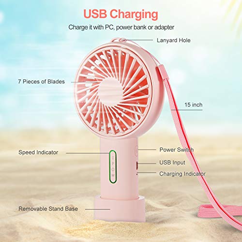 IPOW Mini Handheld Fan Personal Portable Fan 3 Speed Adjustable Angle Removable Base Lanyard USB Recharging Battery Operated Small Desk Cooling Face Fan for Home Camping Disney Travel Peach Pink - Image 4