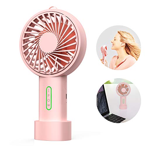 IPOW Mini Handheld Fan Personal Portable Fan 3 Speed Adjustable Angle Removable Base Lanyard USB Recharging Battery Operated Small Desk Cooling Face Fan for Home Camping Disney Travel Peach Pink - Image 1