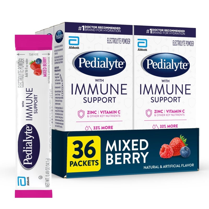 Pedialyte with Immune Support, Electrolyte Drink Powder with Vitamin C and Zinc, Advanced Hydration, Mixed Berry, 36 Powder Packets - Image 1