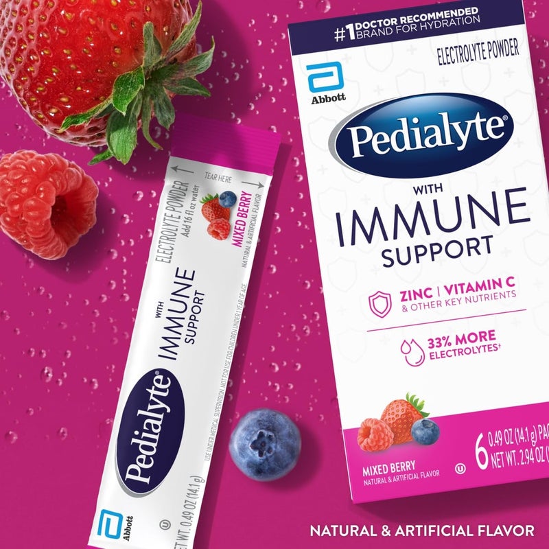 Pedialyte with Immune Support, Electrolyte Drink Powder with Vitamin C and Zinc, Advanced Hydration, Mixed Berry, 36 Powder Packets - Image 2
