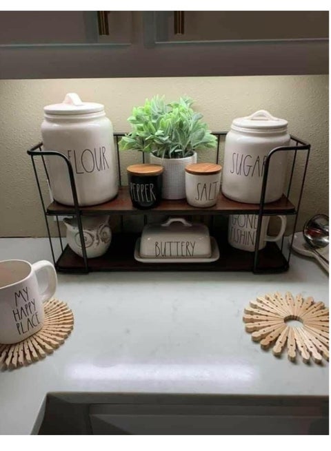 Metal kitchen organizer and two-tier spice rack, coffee corner organizer, spice jars and sauce bottles, coffee mug organizer and holder, wooden shelves