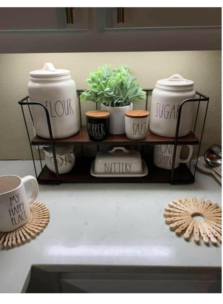 eBasket Metal kitchen organizer and two-tier spice rack, coffee corner organizer, spice jars and sauce bottles, coffee mug organizer and holder, wooden shelves - Image 1