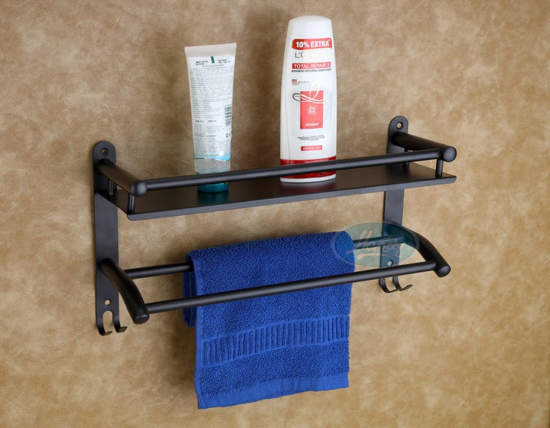 HANDY Wall Mounted Bathroom Shelf with Towel Bar & Hooks | 16 x 5 x 9 inch Black Stainless Steel Storage Organizer Rack - Image 1
