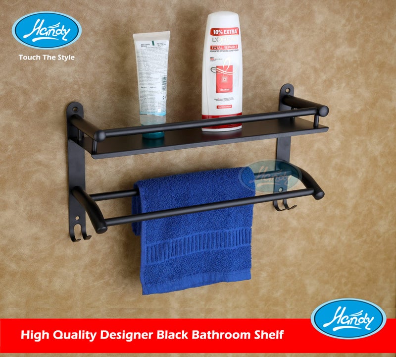 HANDY Wall Mounted Bathroom Shelf with Towel Bar & Hooks | 16 x 5 x 9 inch Black Stainless Steel Storage Organizer Rack - Image 2