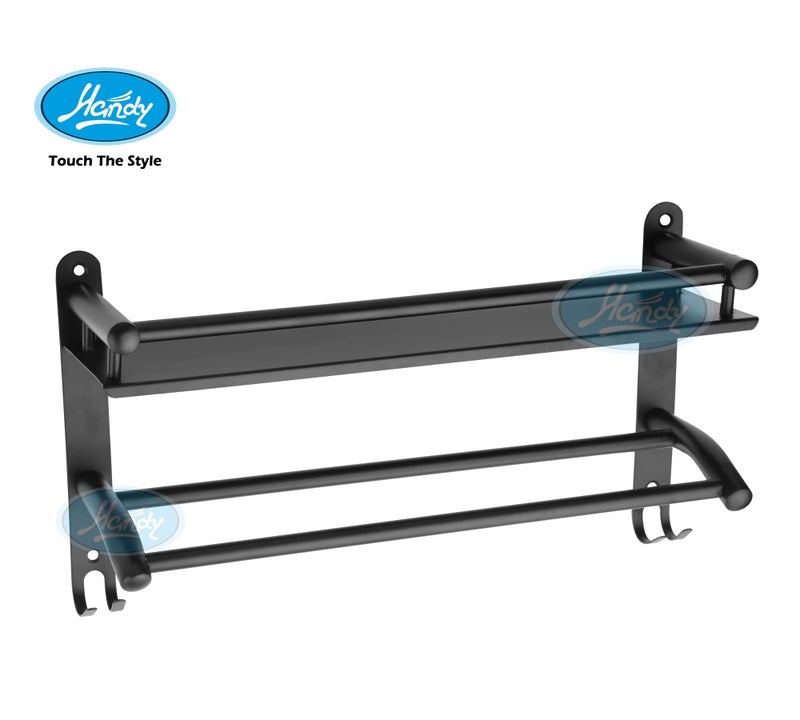HANDY Wall Mounted Bathroom Shelf with Towel Bar & Hooks | 16 x 5 x 9 inch Black Stainless Steel Storage Organizer Rack - Image 3