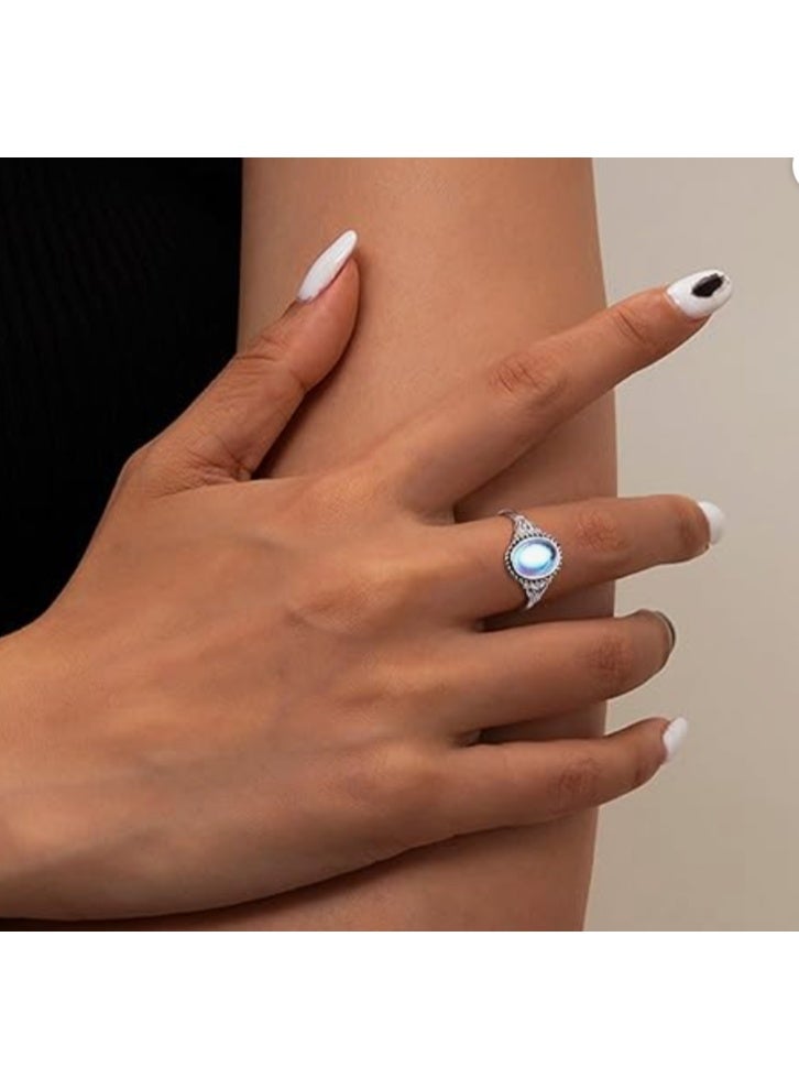 Silver Moonstone Mood Ring - Vintage Handmade Victorian Oval Solitaire - 18K White Gold Plated Color Change Ring for Women - Image 2
