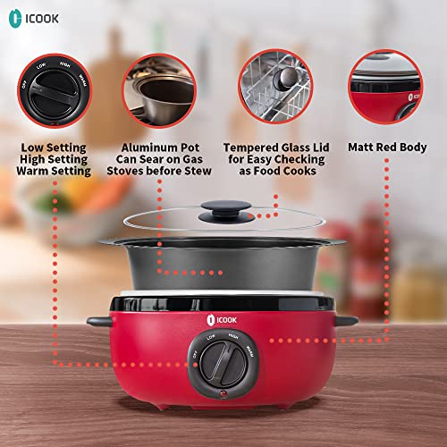 I-Cook طباخ بطيء ICOOK USC-65-OP001RD سعة 6.5 لتر، وعاء سوتيه/قلي من الألمنيوم، آمن للاستخدام على الموقد، آمن في غسالة الصحون، غطاء زجاجي، درجة حرارة قابلة للتعديل، سخان طعام (أحمر) - Image 3