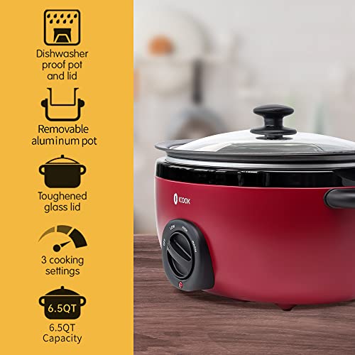 I-Cook طباخ بطيء ICOOK USC-65-OP001RD سعة 6.5 لتر، وعاء سوتيه/قلي من الألمنيوم، آمن للاستخدام على الموقد، آمن في غسالة الصحون، غطاء زجاجي، درجة حرارة قابلة للتعديل، سخان طعام (أحمر) - Image 2