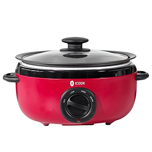 I-Cook طباخ بطيء ICOOK USC-65-OP001RD سعة 6.5 لتر، وعاء سوتيه/قلي من الألمنيوم، آمن للاستخدام على الموقد، آمن في غسالة الصحون، غطاء زجاجي، درجة حرارة قابلة للتعديل، سخان طعام (أحمر) - Image 1