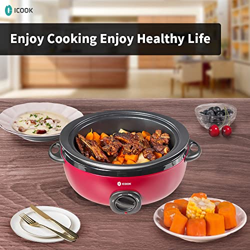 I-Cook طباخ بطيء ICOOK USC-65-OP001RD سعة 6.5 لتر، وعاء سوتيه/قلي من الألمنيوم، آمن للاستخدام على الموقد، آمن في غسالة الصحون، غطاء زجاجي، درجة حرارة قابلة للتعديل، سخان طعام (أحمر) - Image 4