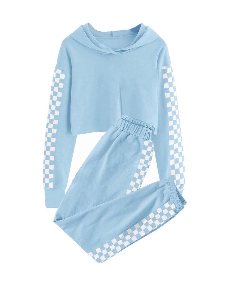 Meikulo Crop Tops for Teen Girls Hoodies Two Piece Outfits Tracksuit Activewear Kids Cute Long Sleeve Sweatshirts Sweatpants Blue, 9-10 Years - Image 1