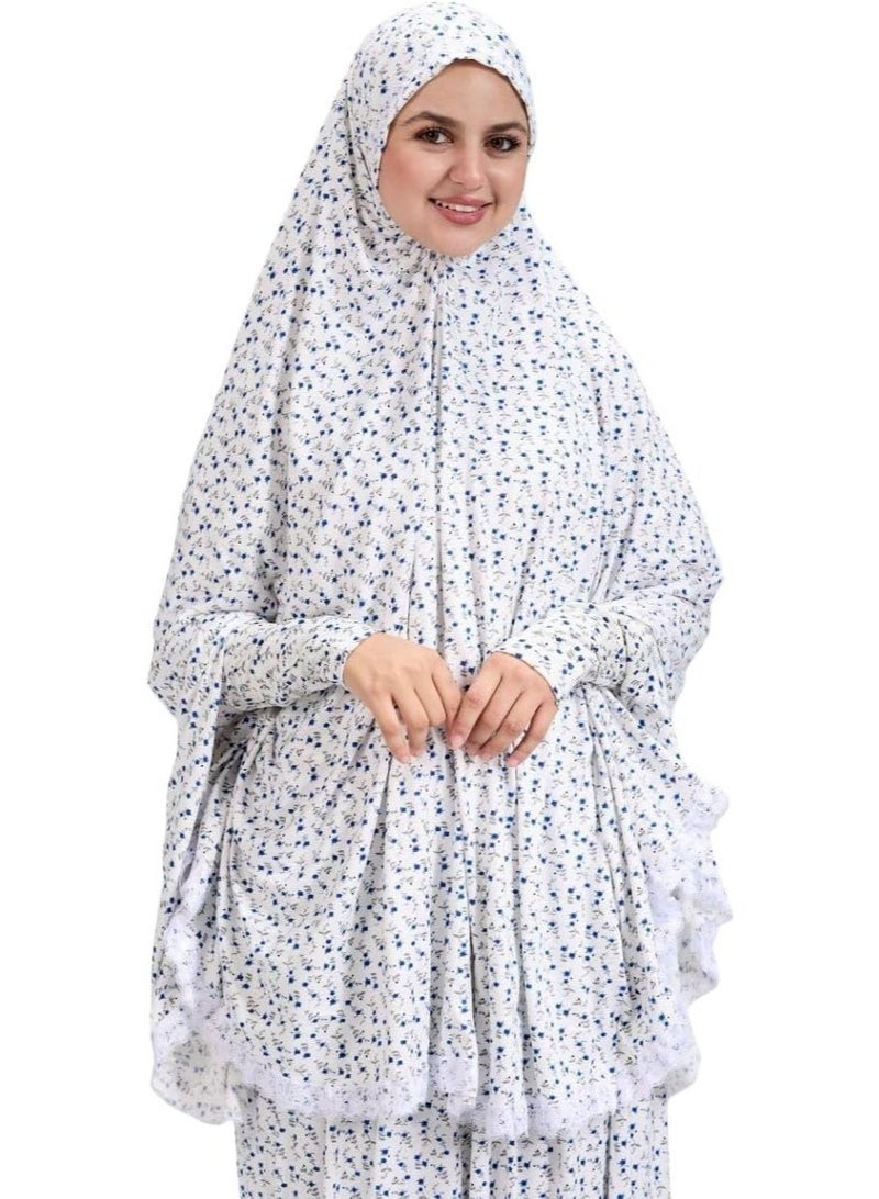 طقم صلاة إسلامي عالي الجودة مكون من قطعتين، مصنوع من القطن المريح والليكرا، بنقوش مميزة. - Image 1