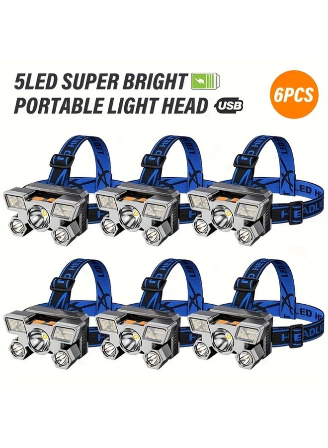 6pcs Portable 5LED USB Rechargeable Headlamp Outdoor Camping Hiking Fishing Work Light - Image 2